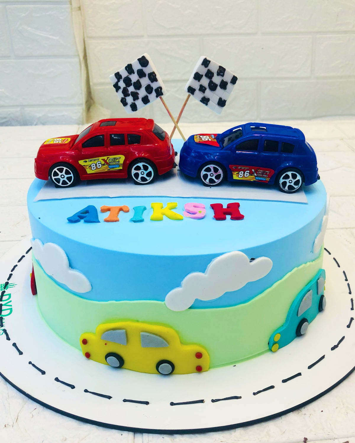 Red Blue Racing Car Theme Cake