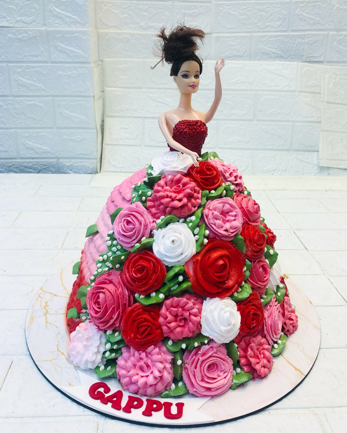 Barbie Doll Pink Red Flowers Theme Cake