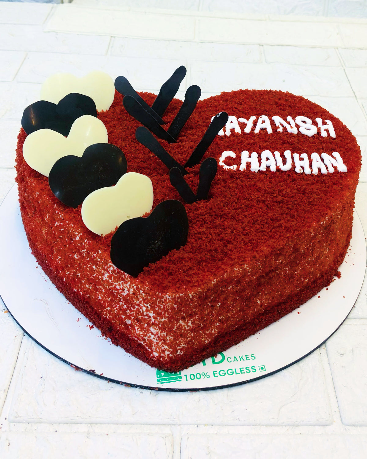 Black White Hearts On Red Velvet Cake