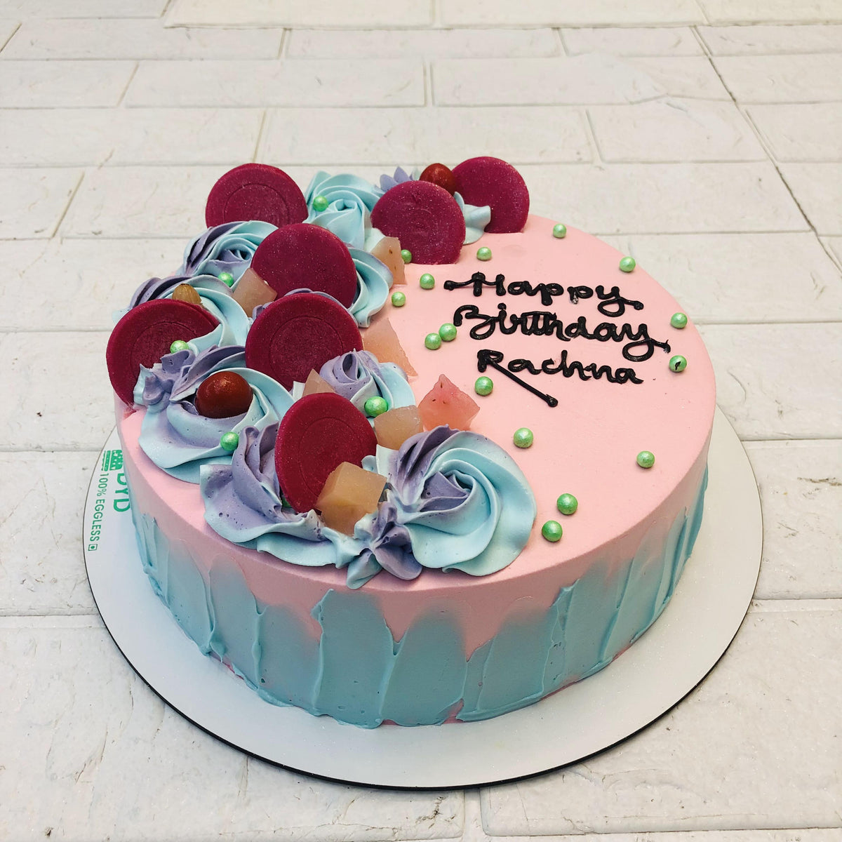 Pink Chocolate on Blue Pink Cake