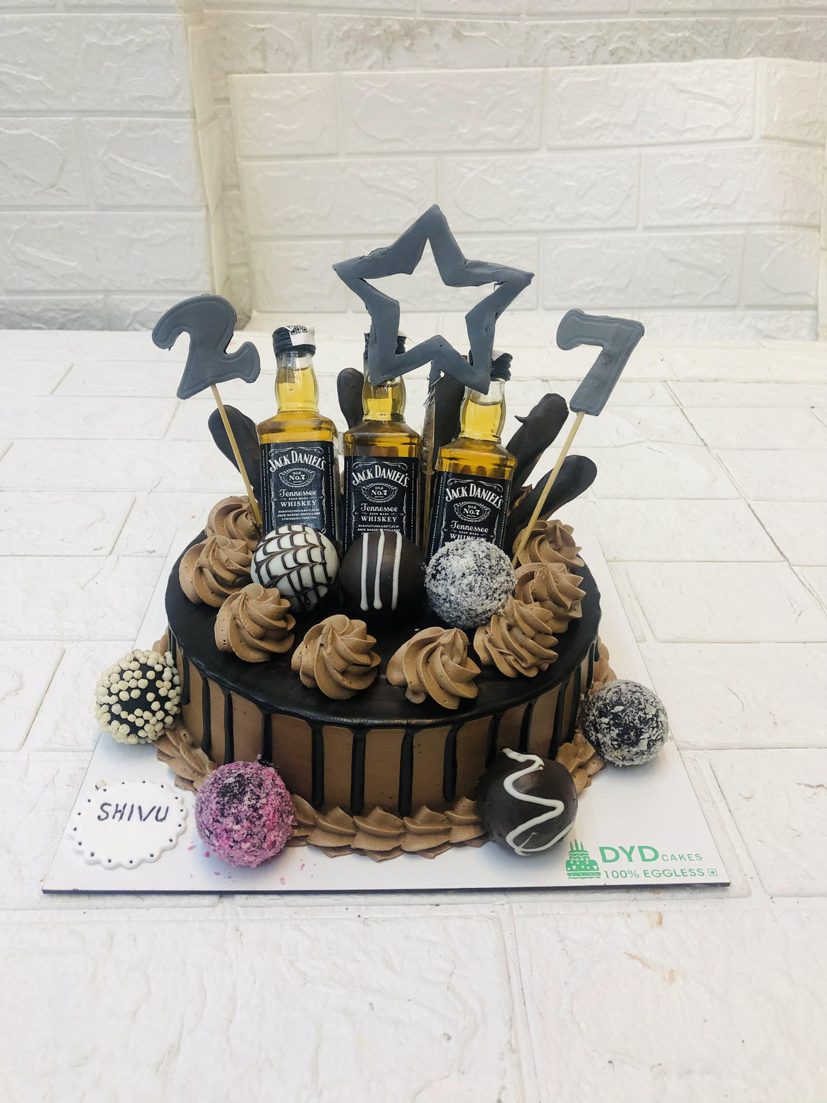 Chocolate Cake with Alcohol Bottle