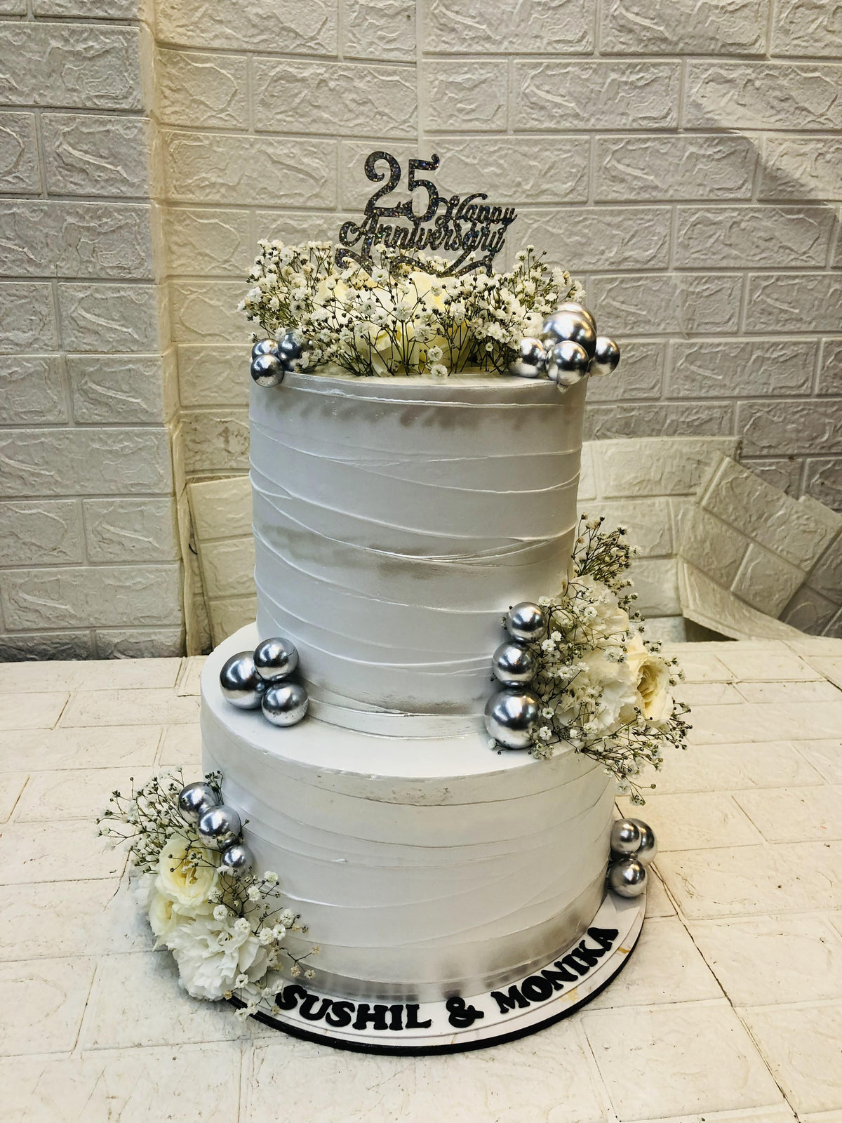 White Silver Anniversary Cake