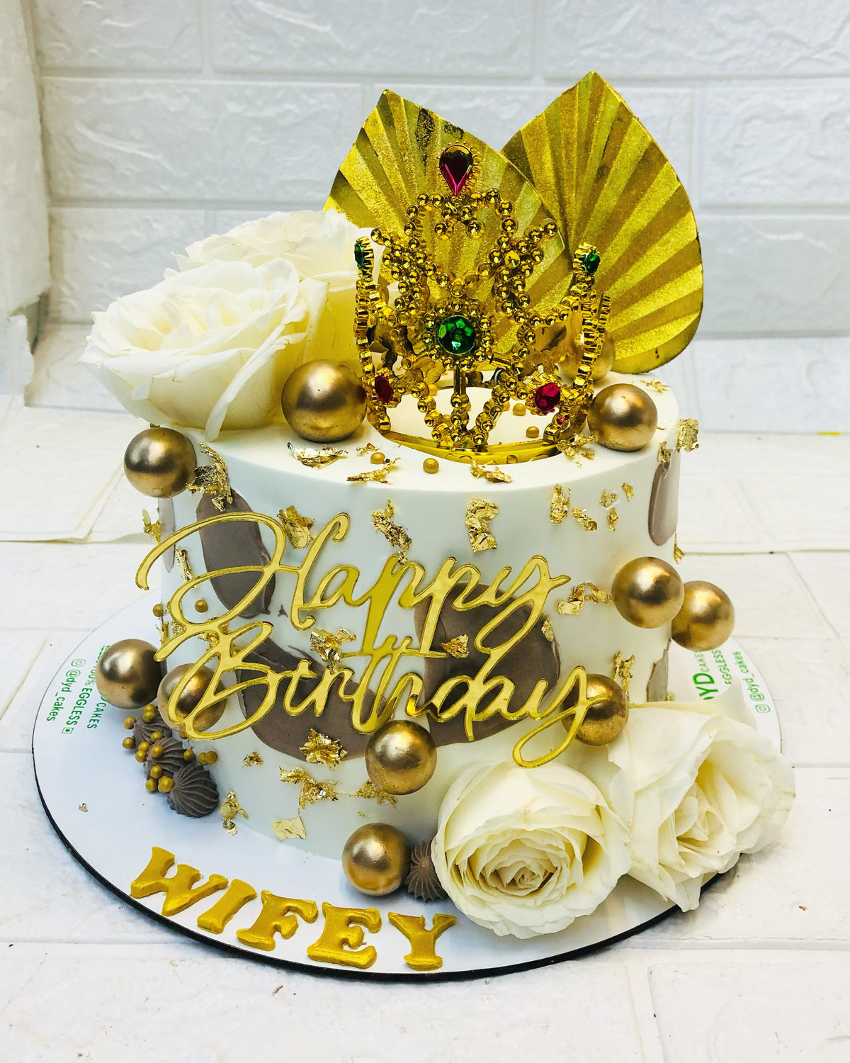 Aesthetic White Golden Florals Birthday Cake