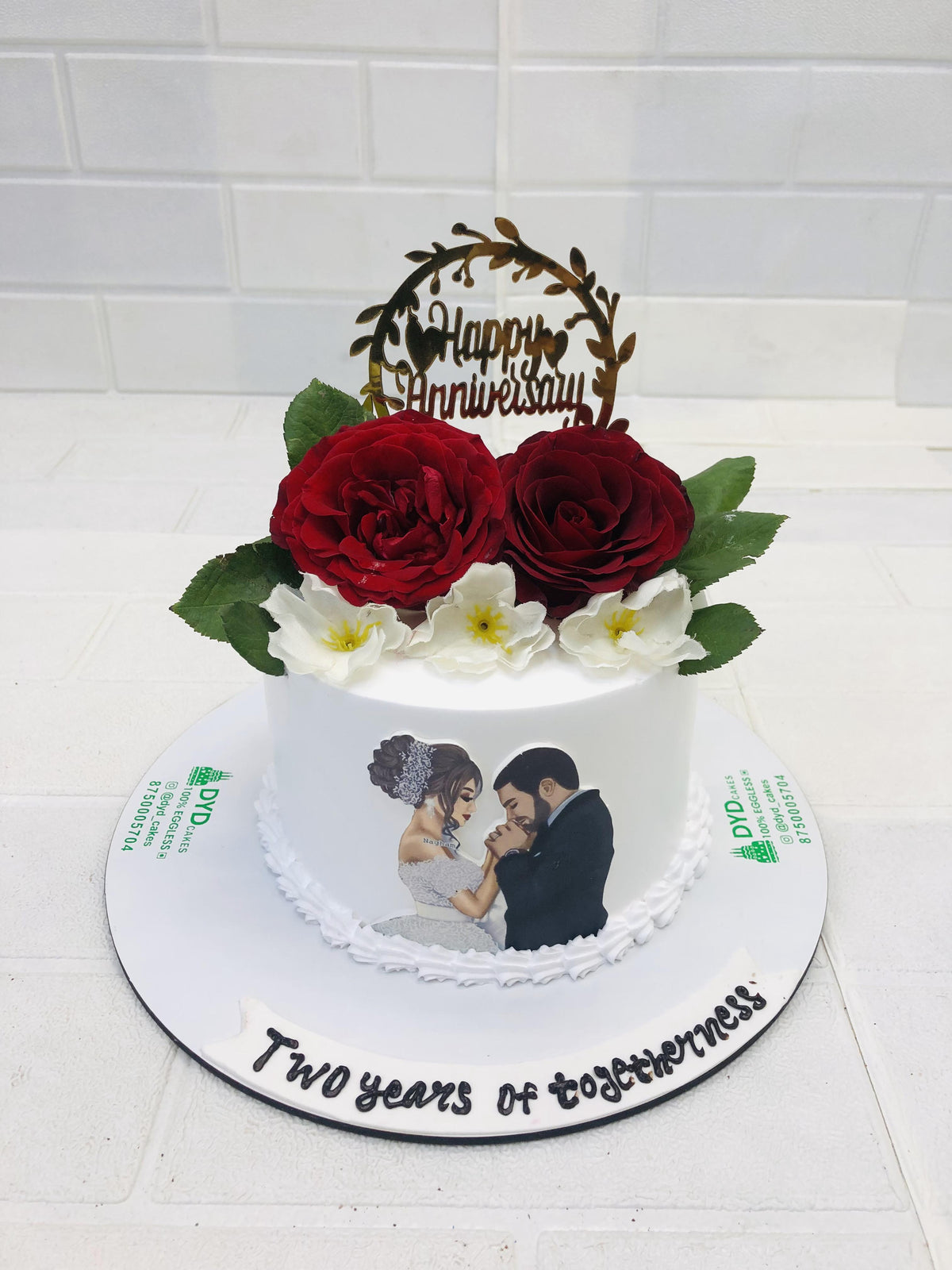 Fresh Roses White Anniversary Cake