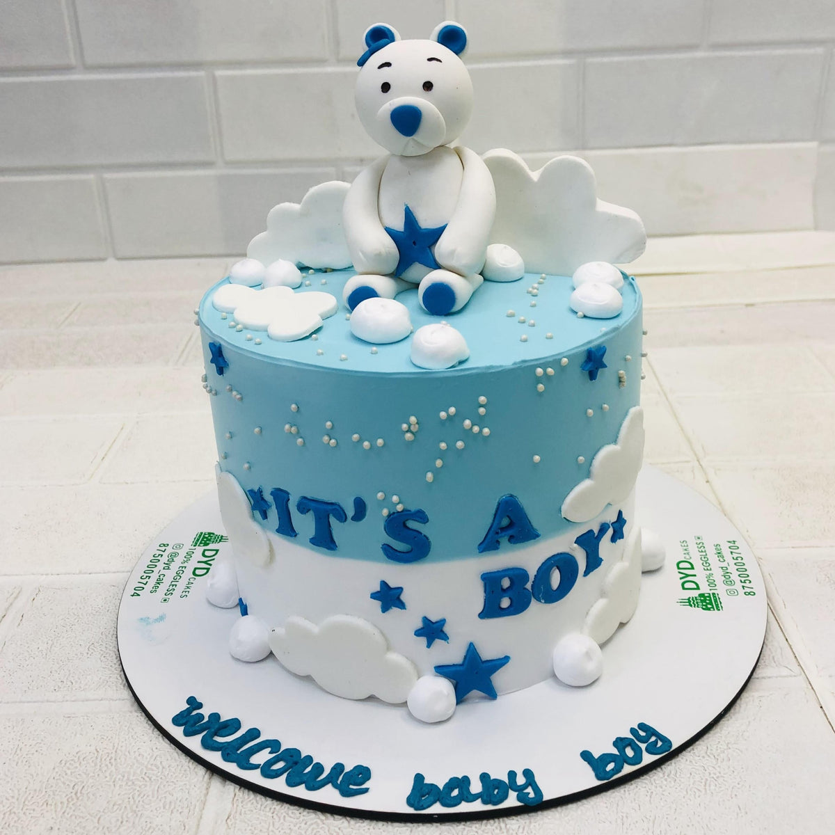 Teddy Bear Blue White Cake