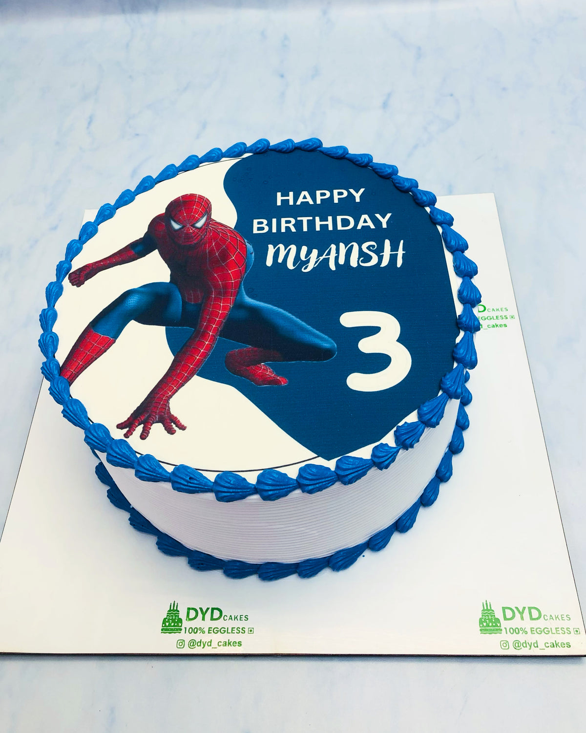 Spiderman Theme Blue White Birthday Cake