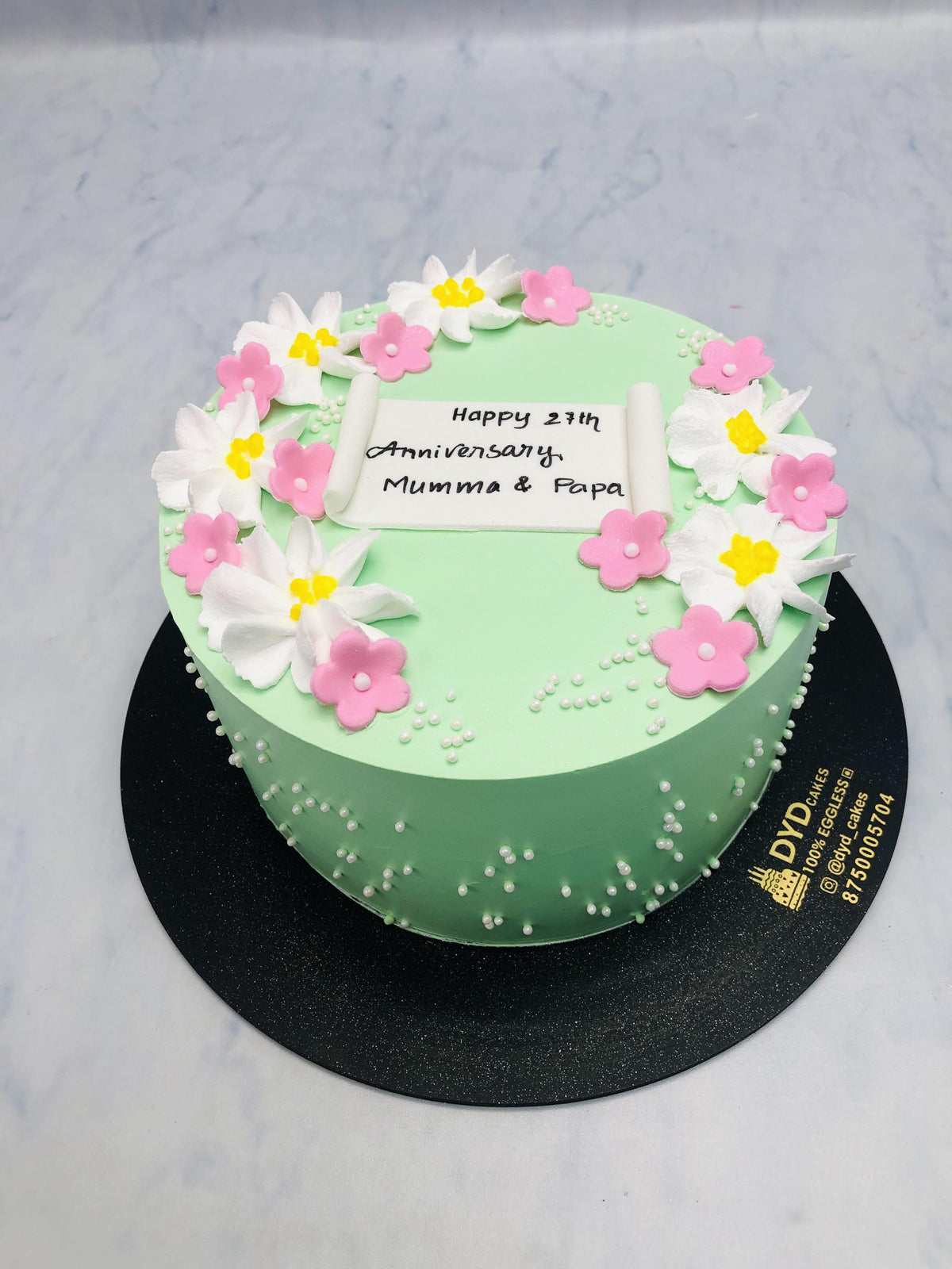 Pink White Flowers on Green Cake