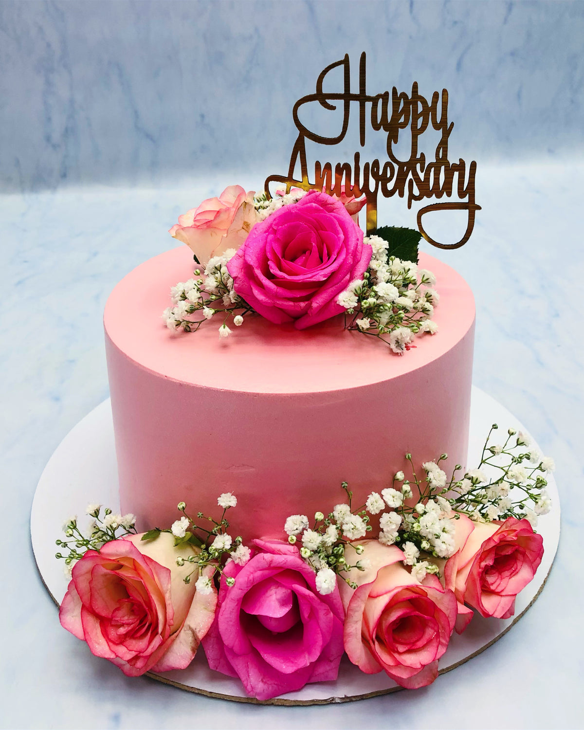 Pink Cake with Pink White Roses