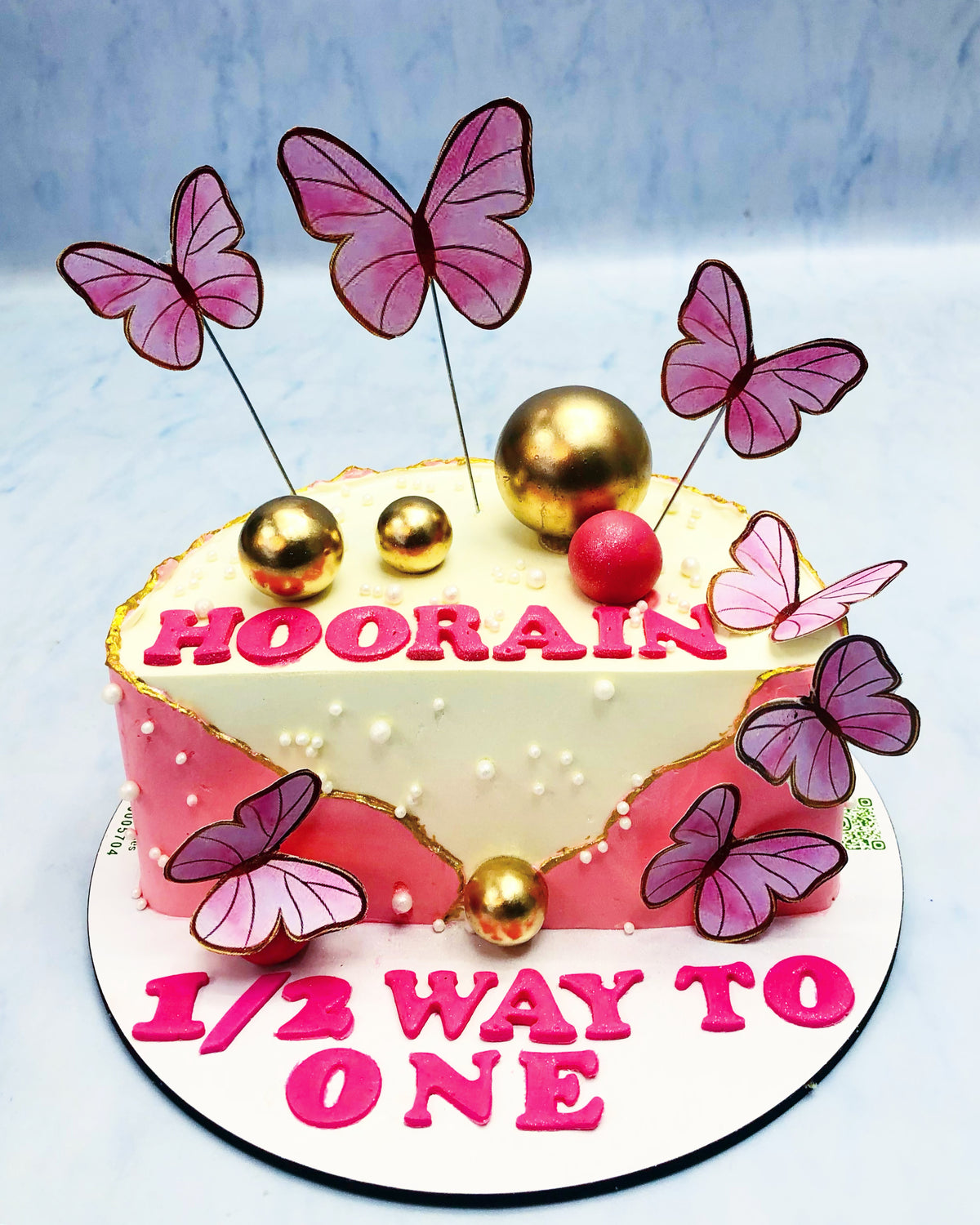 Pink Yellow Butterfly Theme Half Cake