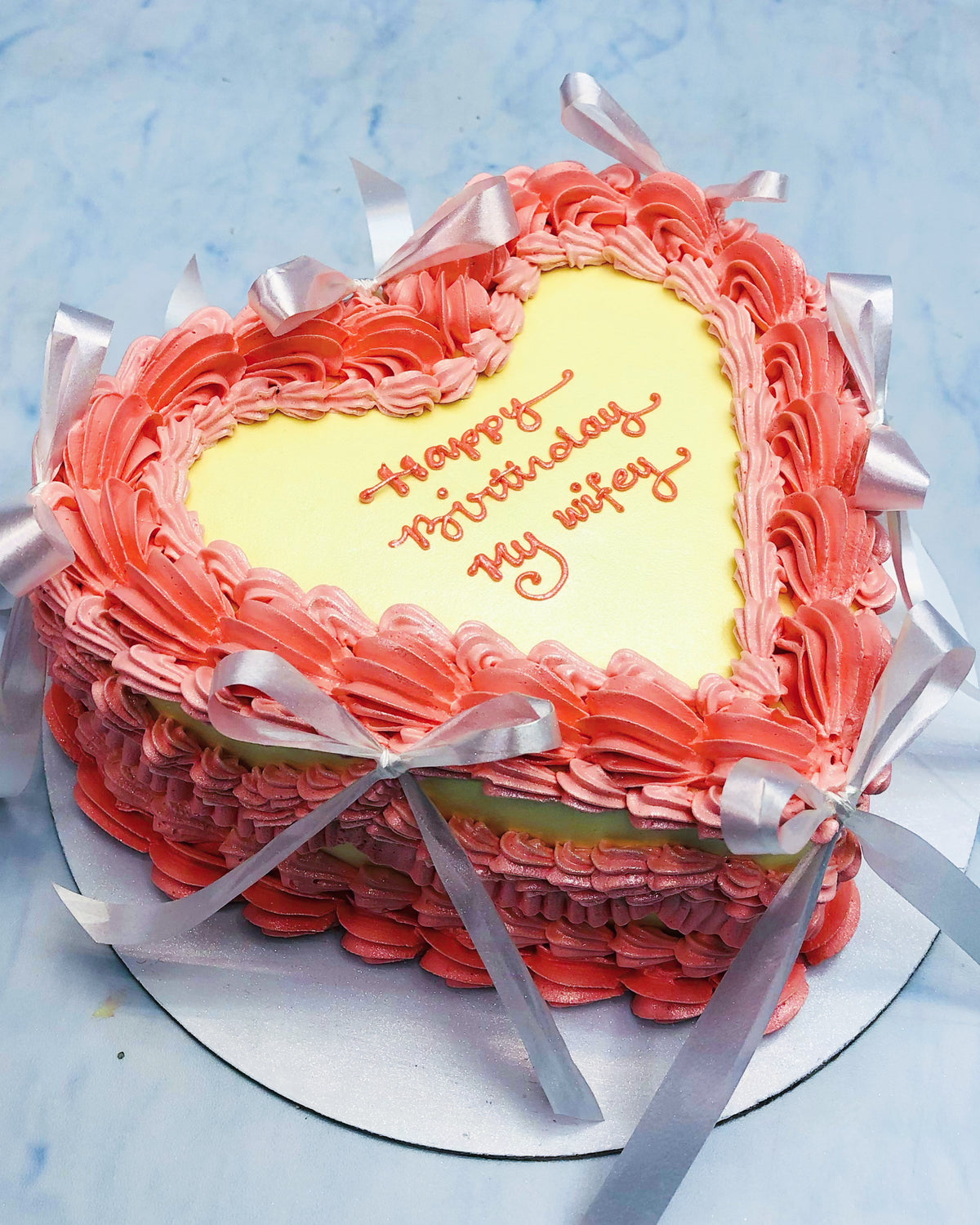 Pink Yellow Heart Shape Birthday Cake