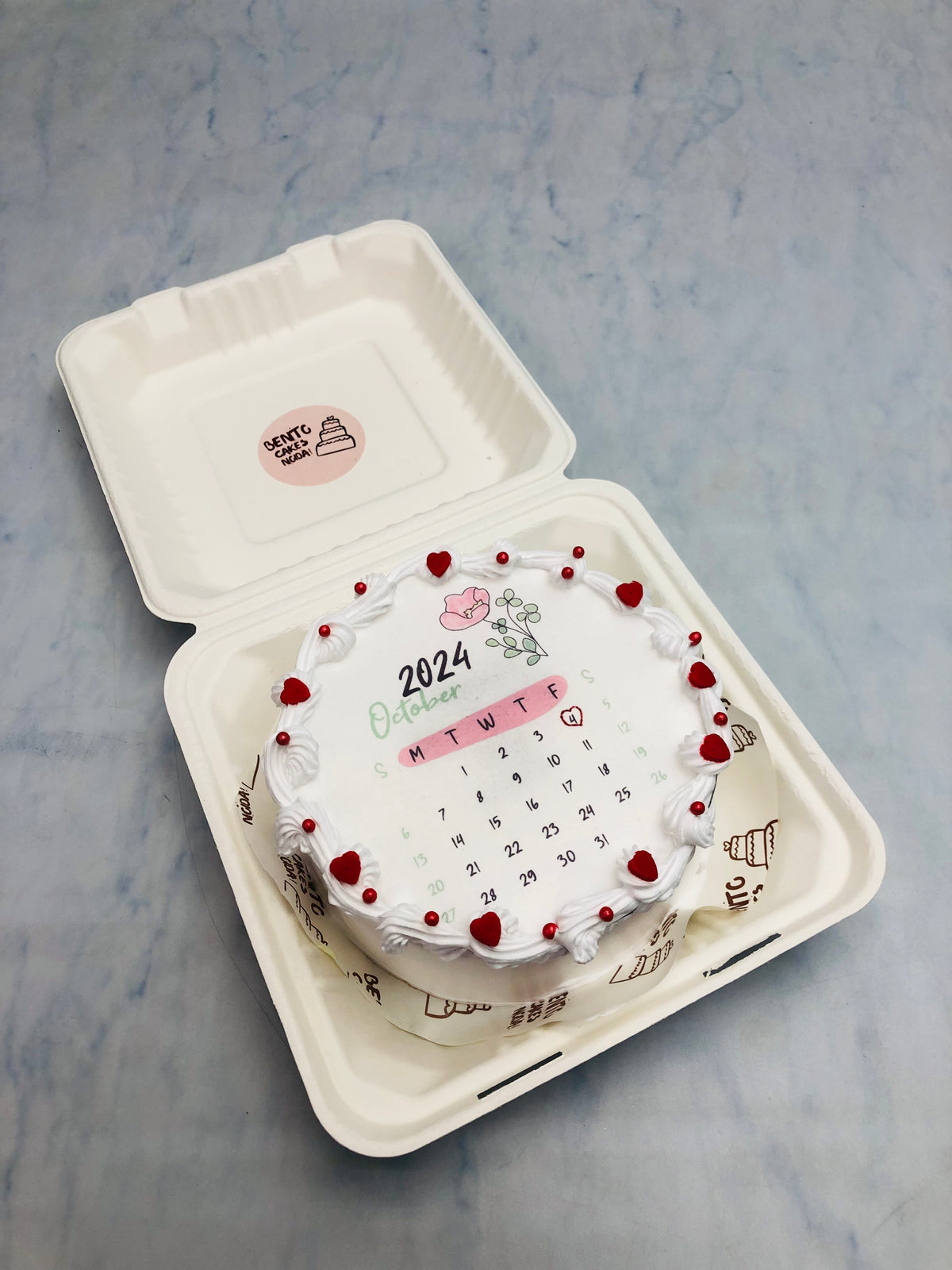 White Calendar Theme Fire Bento Cake