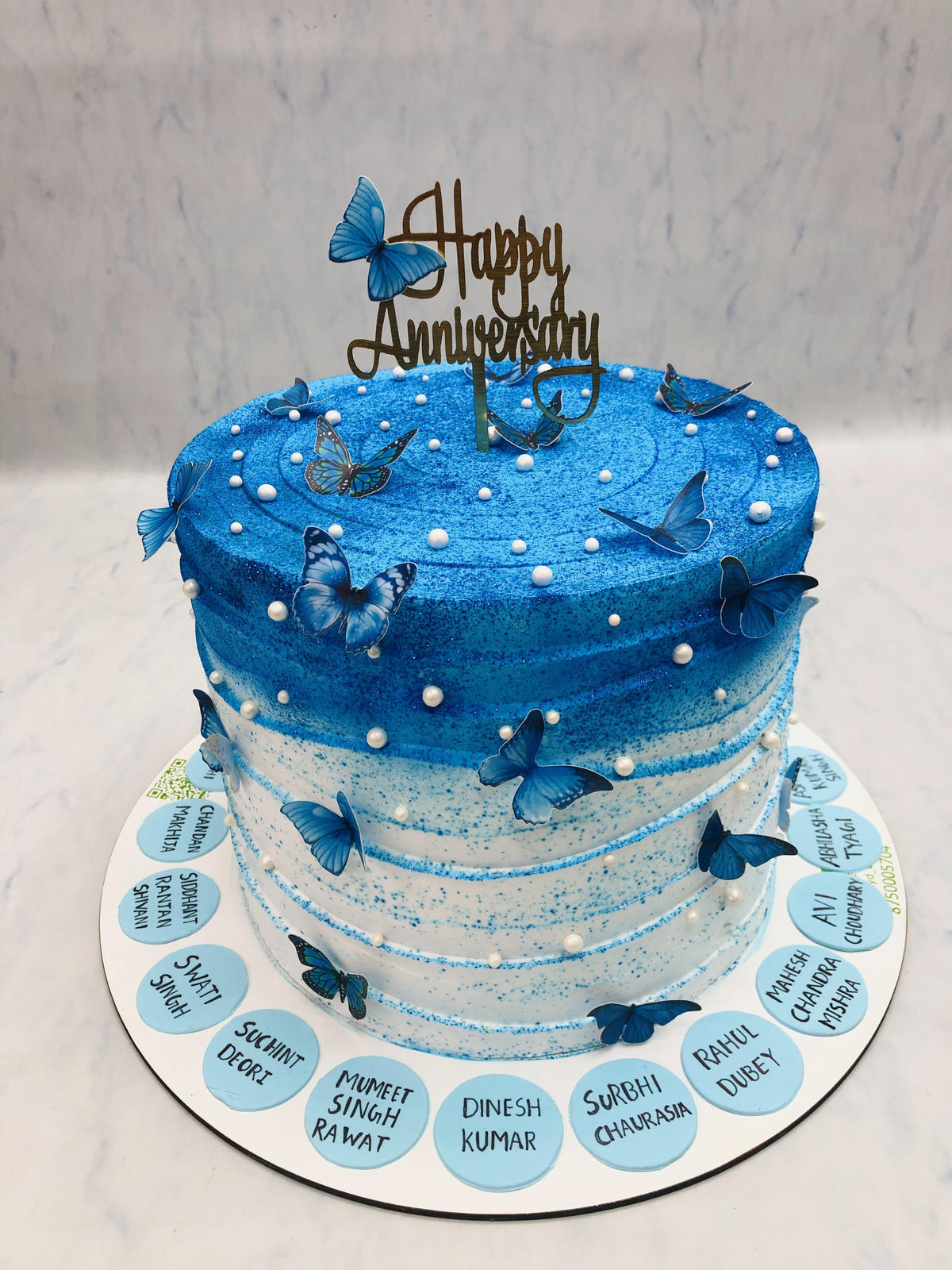 Aesthetic Blue White Anniversary Cake