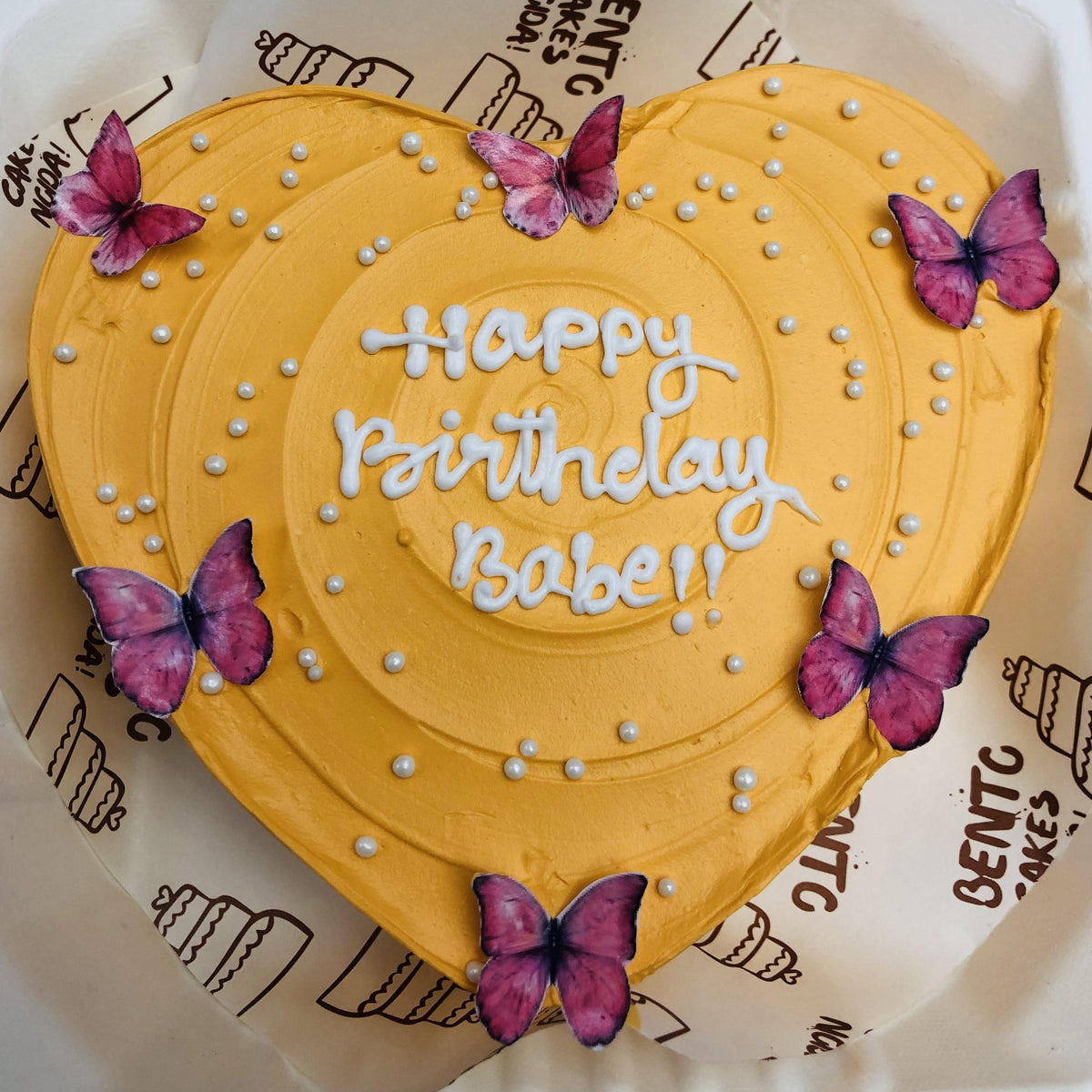 Butterflies Yellow Heart Shape Cake