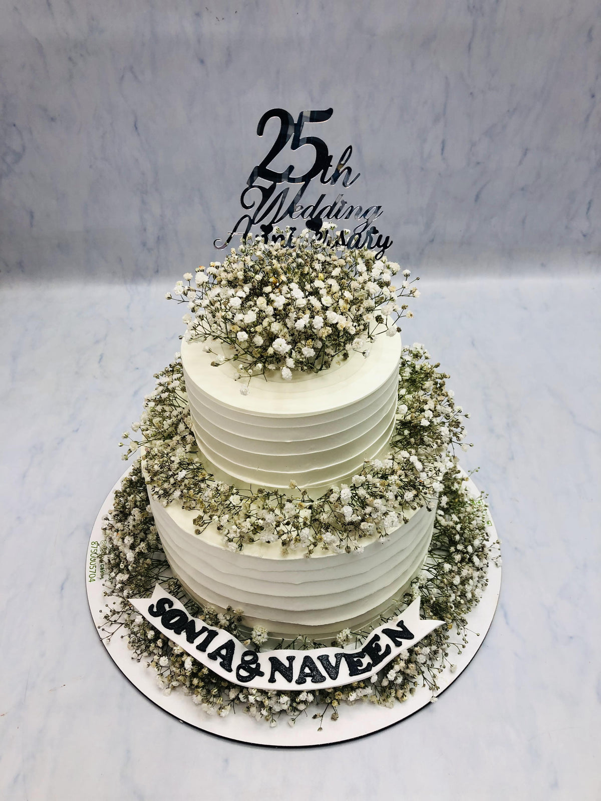 Floral White Grey Anniversary Cake