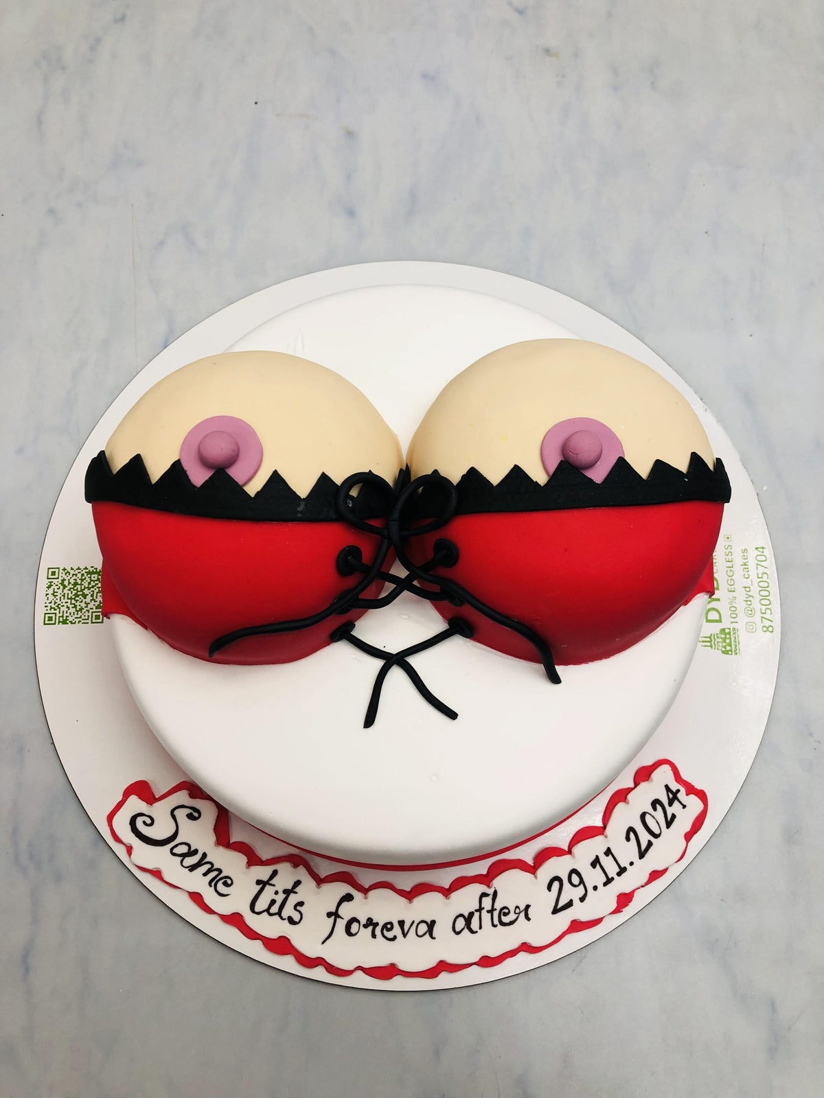 Red Bra Boobs White Cake