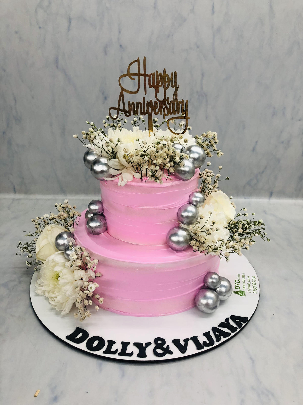 Pink Silver Anniversary Floral Cake