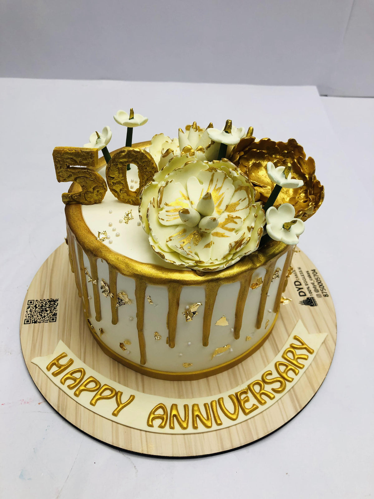 White Golden Floral Anniversary Cake